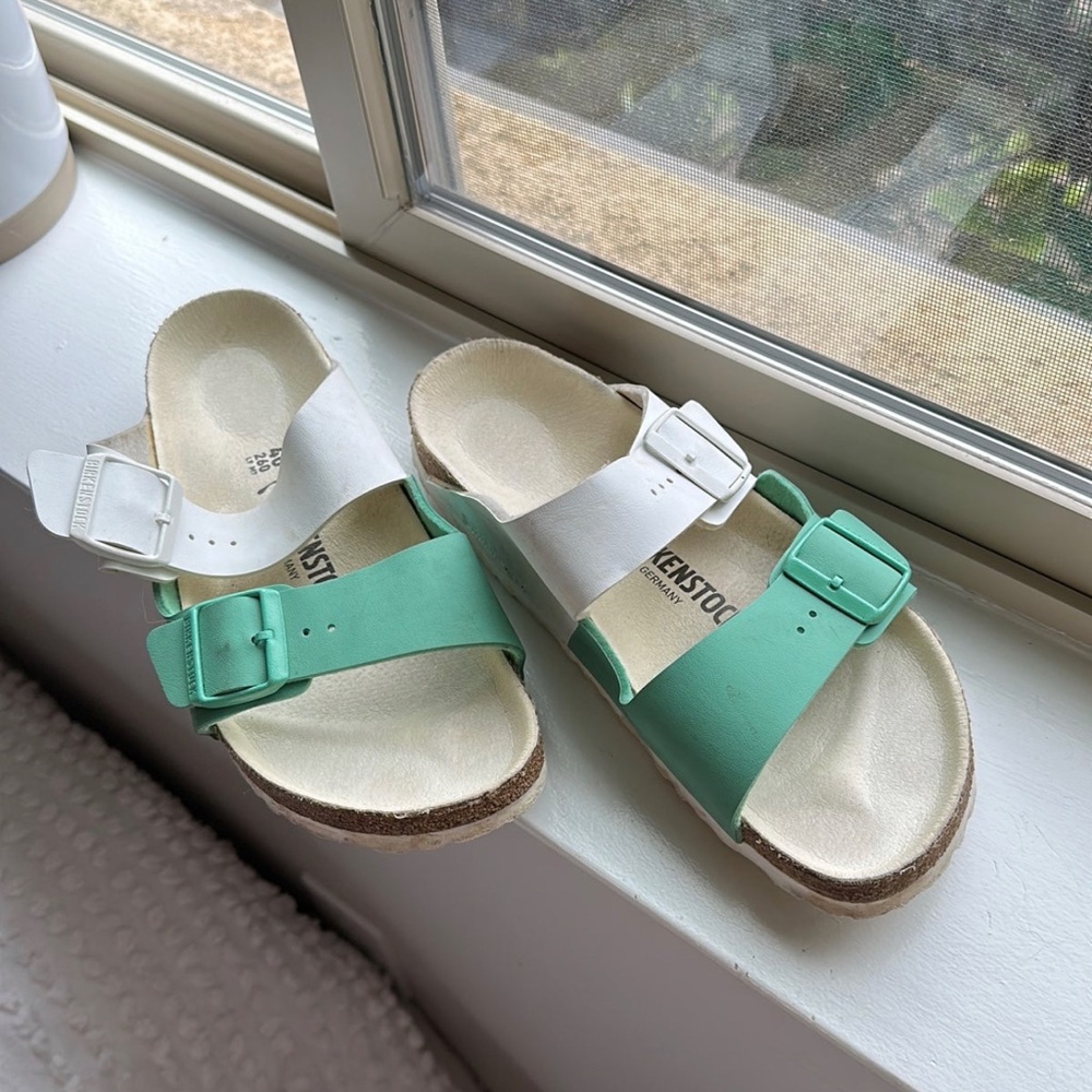 Birkenstock blue and white